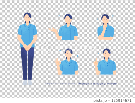 Nursing staff in uniform. Nurse gestures for OK, pointing, inspiration, and guidance. 5 pose set. 125914671
