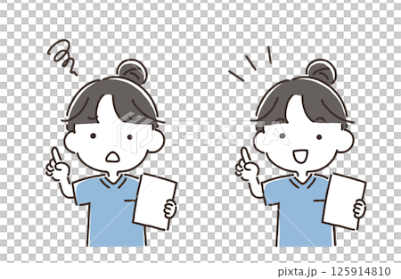 一組穿著工作服的婦女拿著文件並指向上方(擔憂的臉/微笑的臉) 一組穿著工作服的婦女拿著文件並指向上方(擔憂的臉/微笑的臉) 125914810