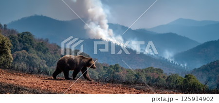 Bear Walking Along the Edge of a Field with Smoky Mountains in Background Bear Walking Along the Edge of a Field with Smoky Mountains in Background 125914902