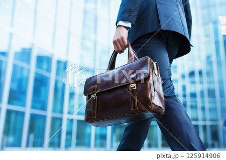 A man is walking with a brown leather briefcase 125914906