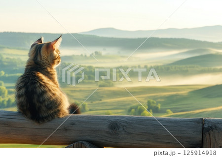 Fluffy Cat Sitting on Wooden Balcony Overlooking Lush Green Hills at Dawn Fluffy Cat Sitting on Wooden Balcony Overlooking Lush Green Hills at Dawn 125914918