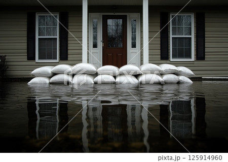 Sandbags Positioned in Front of Suburban Home for Flood Protection Sandbags Positioned in Front of Suburban Home for Flood Protection 125914960