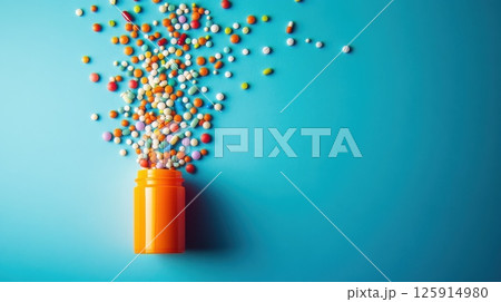 A jar of multicolored pills is scattered on a blue background, as the pills are not neatly arranged 125914980