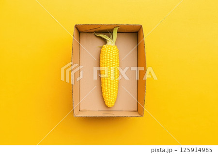 Fresh Ear of Corn with Vibrant Yellow Kernels in a Cardboard Box on Yellow Surface 125914985