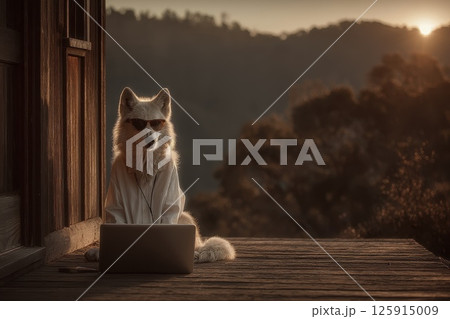 Majestic Wolf Seated Calmly on Wooden Deck with Laptop at Sunset in Serene Environment 125915009