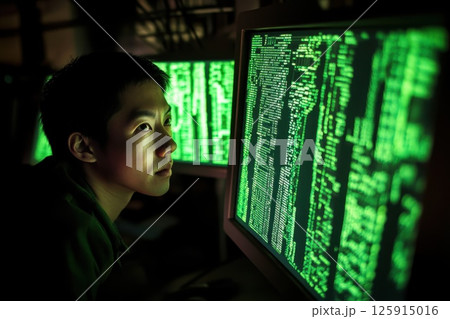 Focused Individual Analyzing Data on Computer Screen Surrounded by Green Code in Dark Environment 125915016
