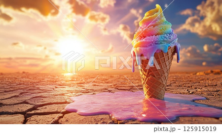 A rainbow ice cream cone is melting in the desert, effects of global warming 125915019