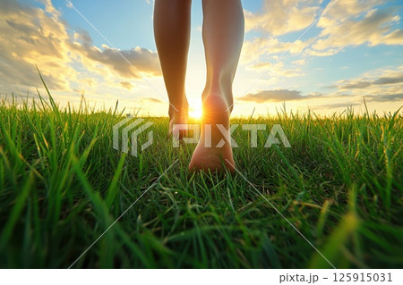 Barefoot Walk at Sunset on a Lush Green Grass Landscape with Golden Sky Reflection 125915031