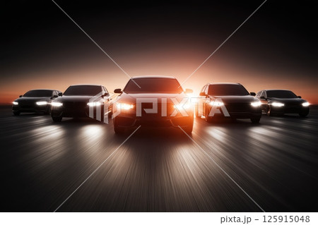 Dramatic Racing Scene with Car Silhouettes on an Elevated Track at Sunset 125915048