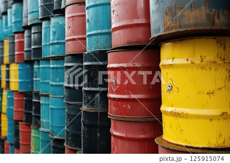 A stack of barrels with different colors and sizes 125915074