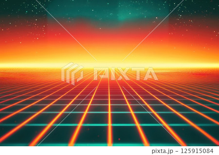 Vibrant Retro Futuristic Landscape with Colorful Grid and Starry Sky at Dusk 125915084
