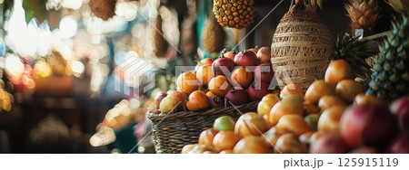 A basket of fruit is displayed in a market. Concept of abundance and freshness A basket of fruit is displayed in a market. Concept of abundance and freshness 125915119