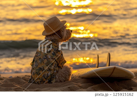 Fluffy Dog in Hawaiian Shirt and Straw Hat Enjoying Sunset at the Beach 125915162