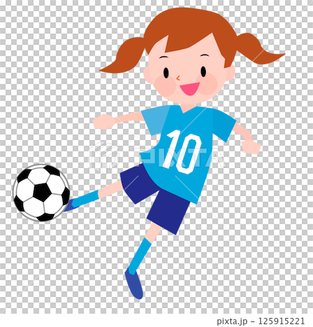 A girl wearing a light blue uniform playing soccer 125915221