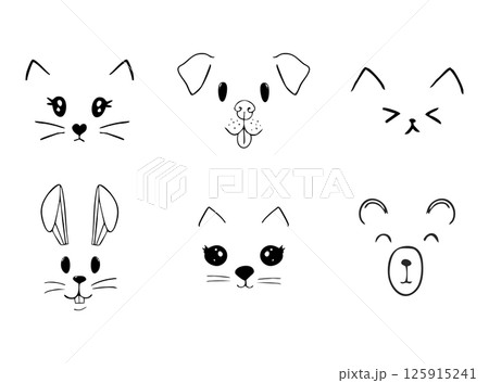 Cute animal faces, pet comic doodle with expressions. Set heads with delicious lick tongue, mouth, adorable emotions. Comic cartoon or kawaii fanny pet Cute animal faces, pet comic doodle with expressions. Set heads with delicious lick tongue, mouth, adorable emotions. Comic cartoon or kawaii fanny pet 125915241
