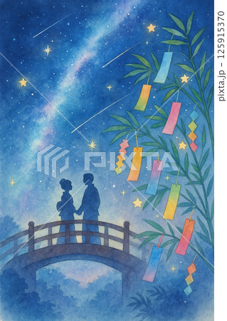 七夕の笹飾りの天の川と七夕 125915370