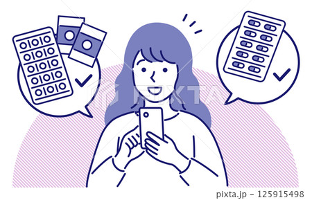 お薬手帳のアプリを操作する女性のシンプルでポップなベクターイラスト 125915498