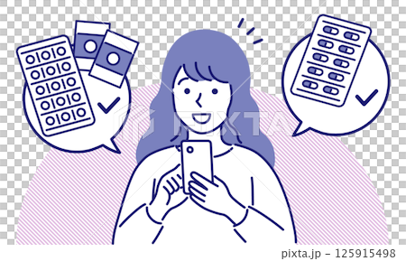 A simple and pop vector illustration of a woman operating a medicine notebook app A simple and pop vector illustration of a woman operating a medicine notebook app 125915498