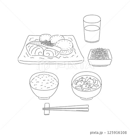バランスの良い食事・和食・ぶり大根　線画 125916108