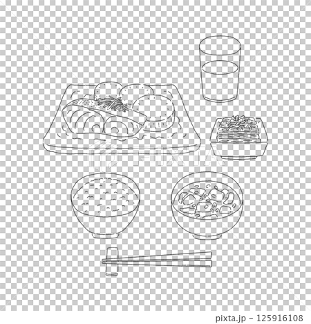 バランスの良い食事・和食・ぶり大根　線画 125916108