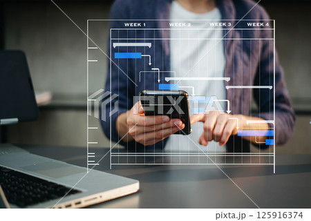 Project manager working and update tasks with milestones progress planning and Gantt chart scheduling diagram. business working with smart phone, tablet and laptop 125916374