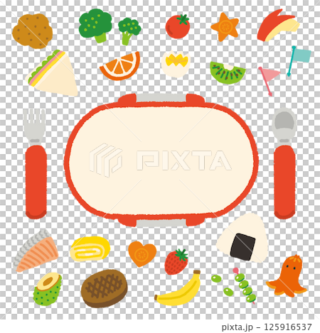 Cute illustration set of bento boxes and side dishes, handwritten, text space 125916537
