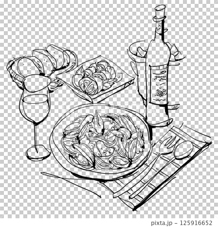 Italian cuisine, wine, pasta, bread, Caprese Italian cuisine, wine, pasta, bread, Caprese 125916652