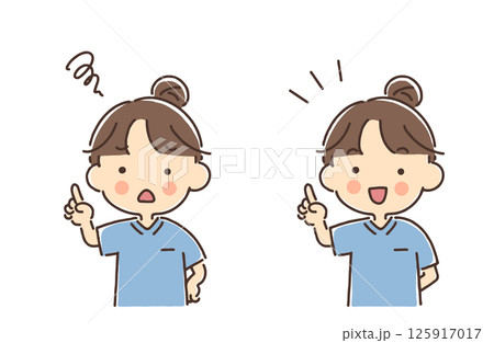 指を立てているスクラブ姿の女性セット(困り顔・笑顔) 指を立てているスクラブ姿の女性セット(困り顔・笑顔) 125917017