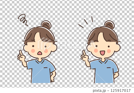 指を立てているスクラブ姿の女性セット(困り顔・笑顔) 指を立てているスクラブ姿の女性セット(困り顔・笑顔) 125917017