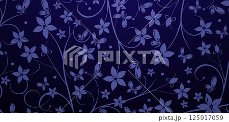 Seamless pattern with flowers and butterflies on a dark blue backgrounds for wallpapers in the style of baroque seamless, Fashionable modern wallpaper or textiles, book covers printing paper material 125917059