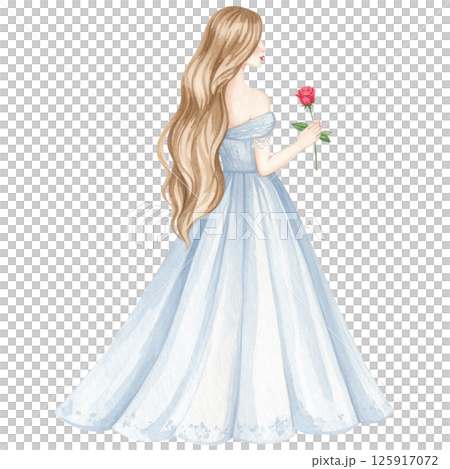 Watercolor Woman in White Dress with Red Rose - Romantic Figure Illustration 125917072