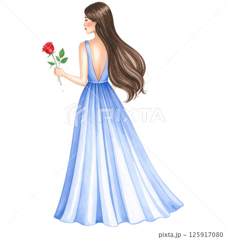 Watercolor Woman in White Dress with Red Rose - Romantic Figure Illustration 125917080