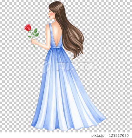 Watercolor Woman in White Dress with Red Rose - Romantic Figure Illustration 125917080
