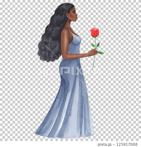 Watercolor Woman in White Dress with Red Rose - Romantic Figure Illustration Watercolor Woman in White Dress with Red Rose - Romantic Figure Illustration 125917088