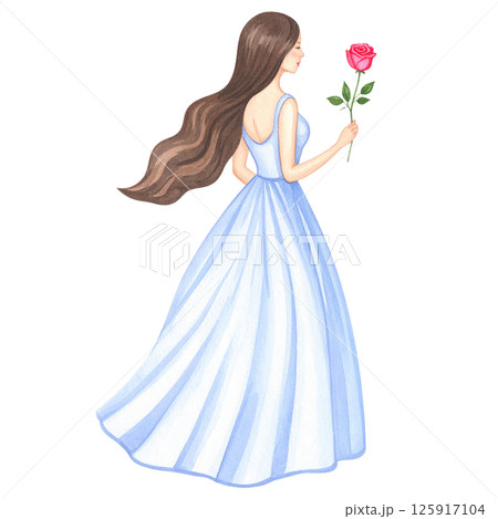Watercolor Woman in White Dress with Red Rose - Romantic Figure Illustration 125917104