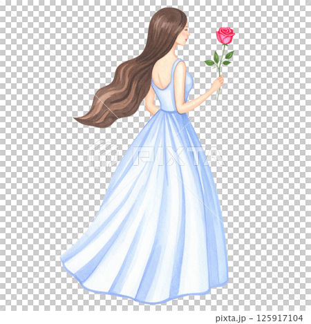 Watercolor Woman in White Dress with Red Rose - Romantic Figure Illustration 125917104