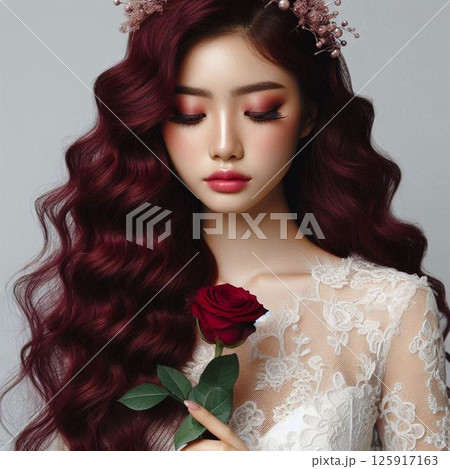 バラを持つドレス姿の女性 125917163
