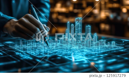 An architect brings architectural designs to life with 3D holographic construction models. The concept of innovation in architecture and futuristic design. Generative Ai. 125917279