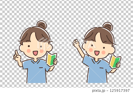 A set of women in scrubs holding beginner marks (pointing, AYAYO) A set of women in scrubs holding beginner marks (pointing, AYAYO) 125917397