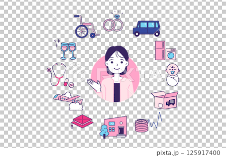 Set of 12 costly items in life icons and female staff 125917400