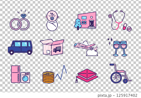 Icon set of 12 things in life that cost money Icon set of 12 things in life that cost money 125917402