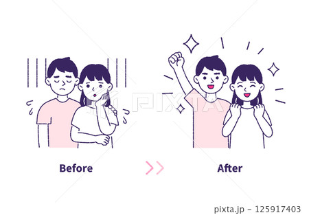 困り顔から笑顔になる男女セット（笑顔・泣き顔・成功・失敗） 125917403