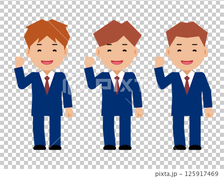 A smiling young man in a navy blue suit doing a fist pump 125917469