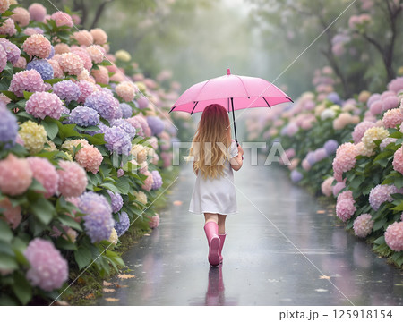 雨の中ピンクから紫の紫陽花の咲く道を歩くピンクの傘をさした女の子の後ろ姿 雨の中ピンクから紫の紫陽花の咲く道を歩くピンクの傘をさした女の子の後ろ姿 125918154