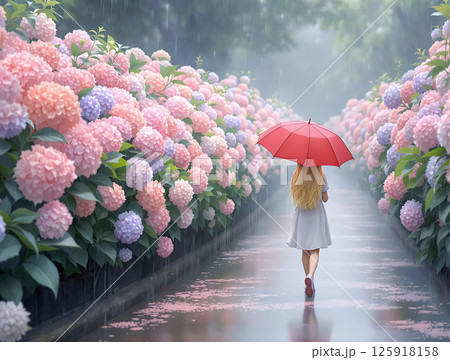 雨の中ピンクから紫の紫陽花の咲く道を歩く赤い傘をさした女の子の後ろ姿 雨の中ピンクから紫の紫陽花の咲く道を歩く赤い傘をさした女の子の後ろ姿 125918158