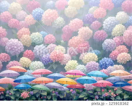 雨の中の沢山のカラフルな紫陽花の花と傘 125918162