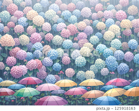 雨の中の沢山のカラフルな紫陽花の花と傘 雨の中の沢山のカラフルな紫陽花の花と傘 125918163