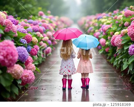 雨の中カラフルな紫陽花の咲く道に立つ傘をさした2人の女の子の後ろ姿 125918169
