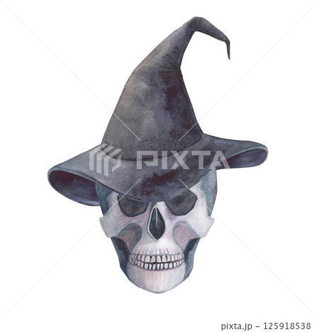Human Scull in hat gothic magical texture isolated on white background. Watercolor hand drawn esoterics sketch skull illustration. Art for design mystical halloween witch decoration, scary card 125918538
