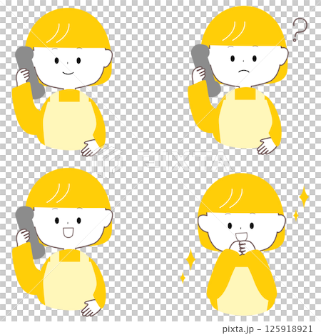 電話をするエプロン姿のかわいい女性 電話をするエプロン姿のかわいい女性 125918921